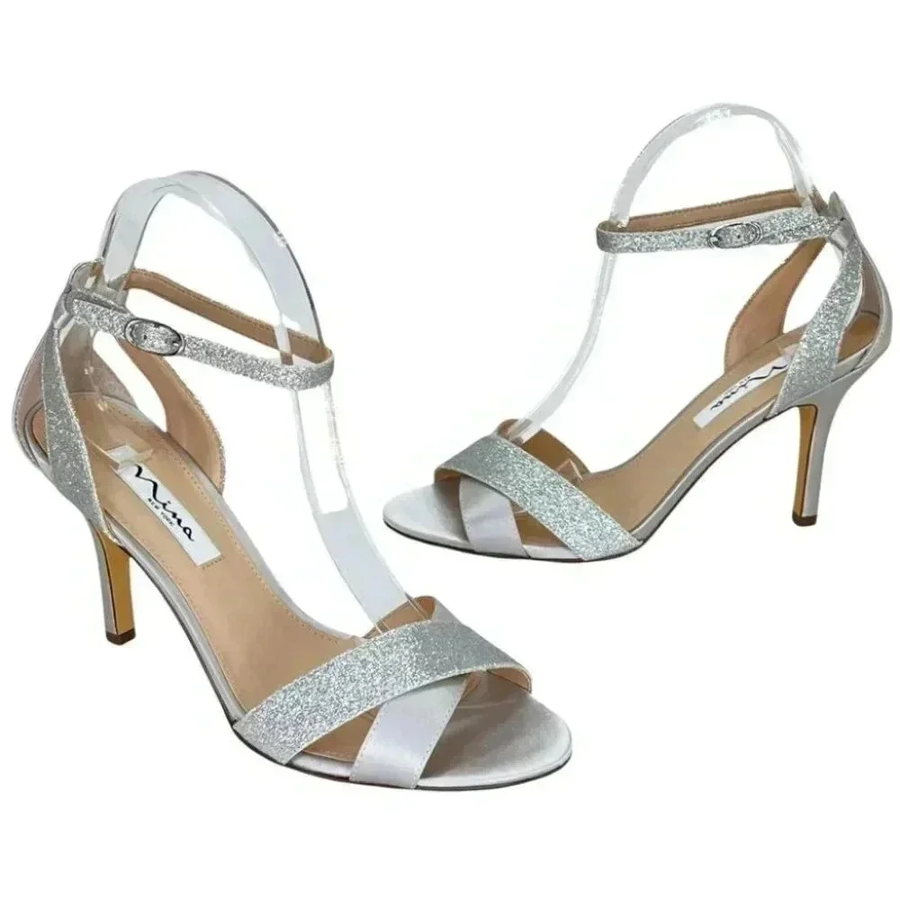 Nina Venus Silver Satin Fabric Glitter Accent Womens Heels Size 9M